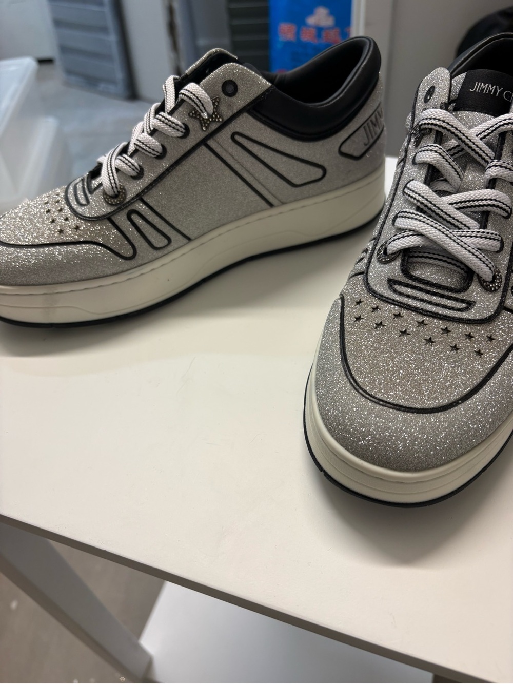 Jimmy Choo Silver Glitter Low-Top Sneakers with Black Trim - Picture 3 of 6